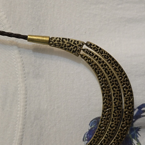 Necklace,animal print,brown vegan cord,gold tone hardware,choker - Picture 3 of 4